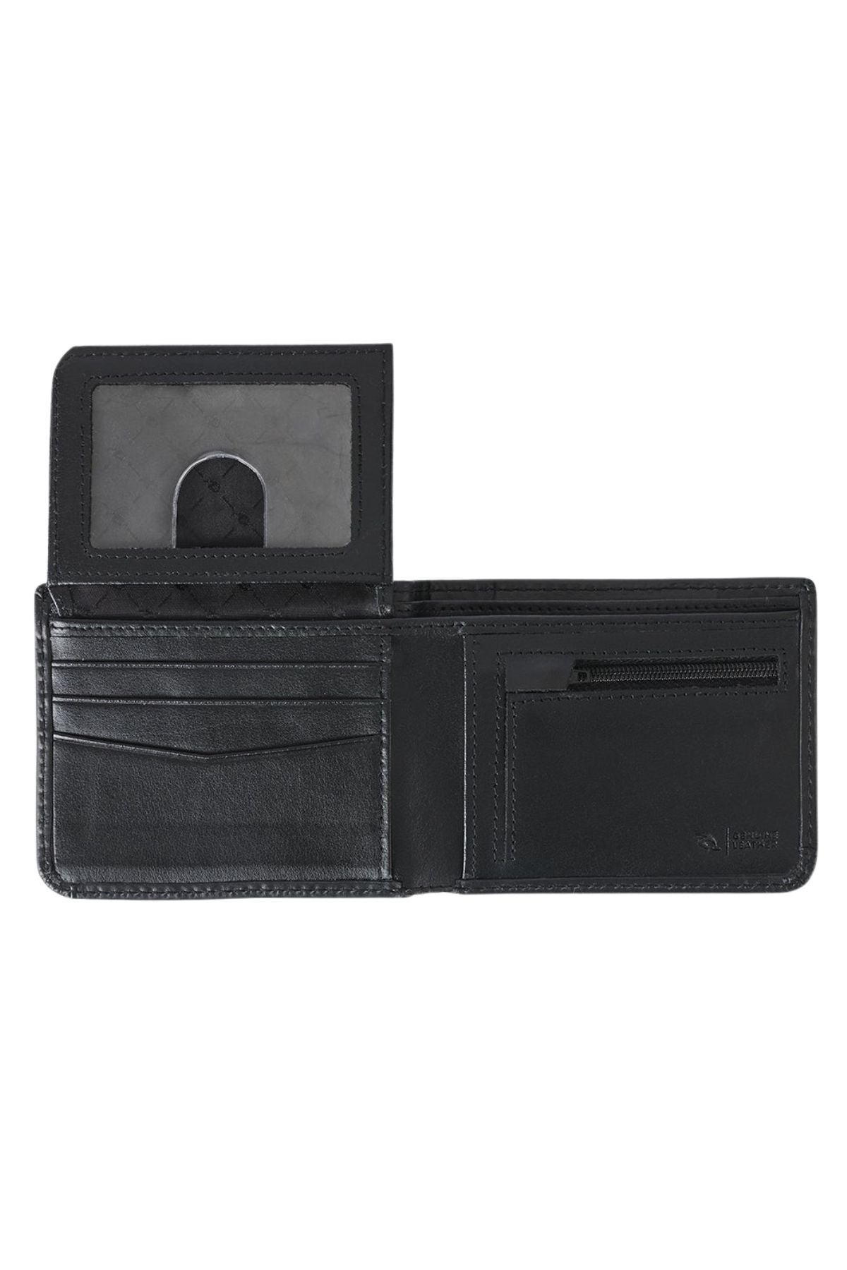 The Rip Curl Wetsuit Logo RFID All Day Wallet features black leather, multiple card slots, a transparent ID window, zippered coin pocket, and bill section. It’s organized, functional, and perfect for daily use.