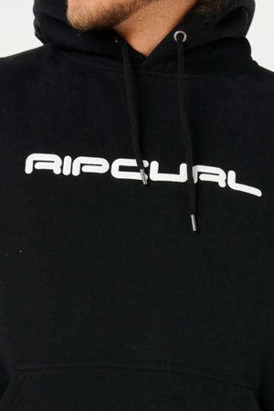 A person wears the Rip Curl Dosed Up Hood, a black hoodie with "RIPCURL" in white, stylized text across the chest. Only the lower face and upper torso are visible. Made from soft cotton polyester fleece for comfort.