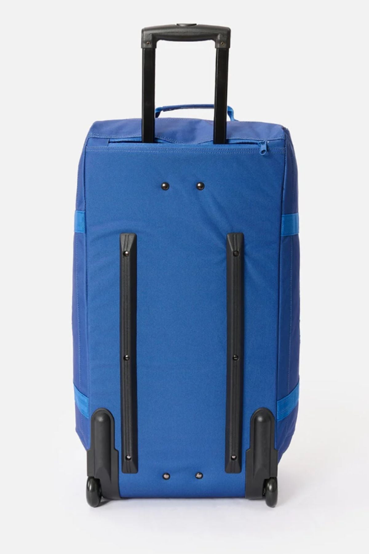 The Rip Curl Jupiter 80L Mixed Travel Bag is a blue, rectangular travel bag made from recycled polyester, featuring two black rails, wheels for upright standing, and a black telescoping handle. It is displayed against a plain white background.