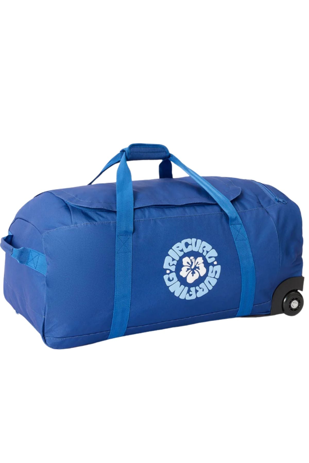 The Rip Curl Jupiter 80L Mixed Travel Bag is a spacious blue travel bag with wheels and handles, made from recycled polyester and featuring a white circular "Rip Curl Surfing" logo on the side.