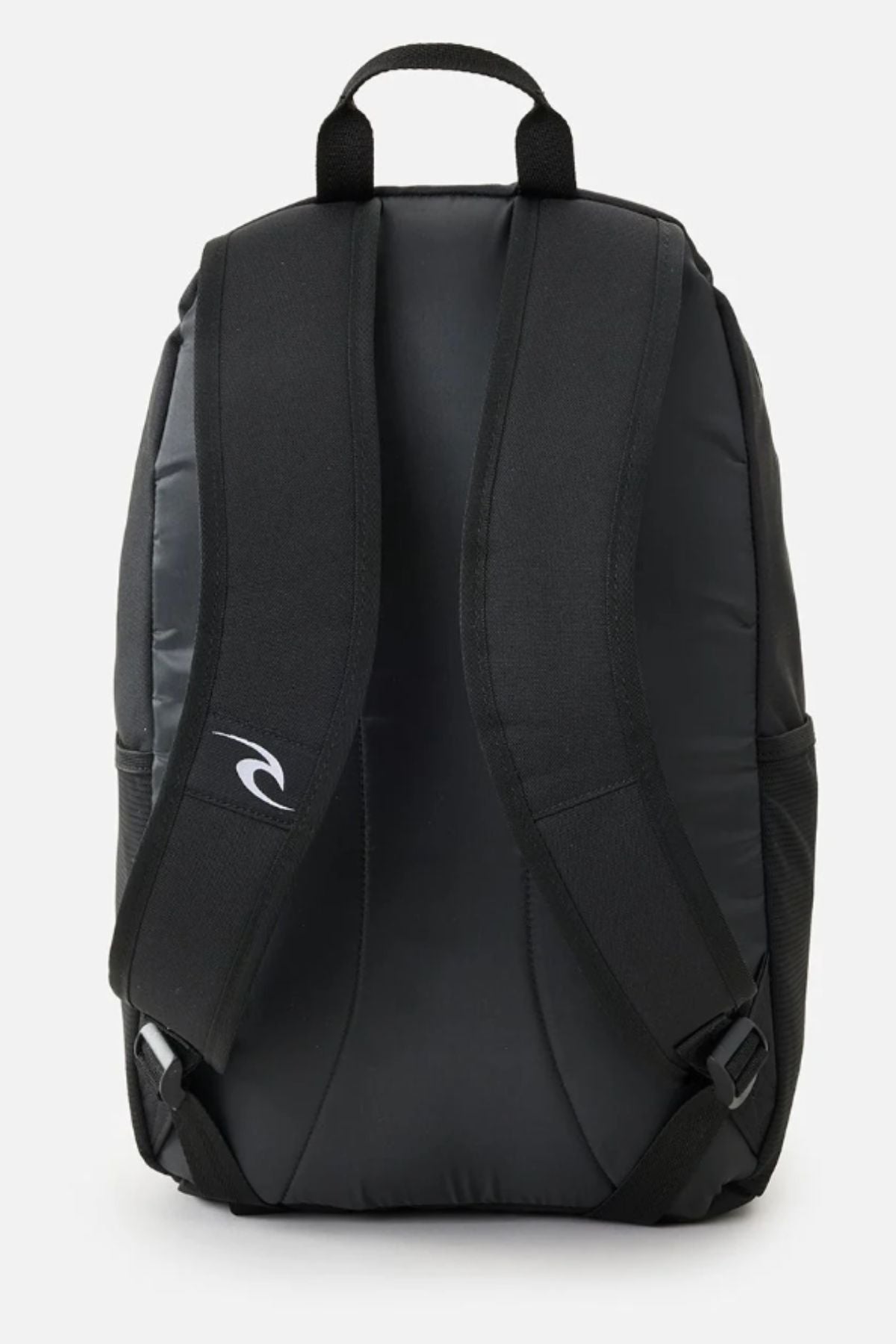 The Rip Curl Ozone Cool 30L Backpack in black is shown from the back, featuring two padded shoulder straps, a top handle, and a white logo. Made with recycled polyester, its sleek design is great for school and has no visible exterior pockets.