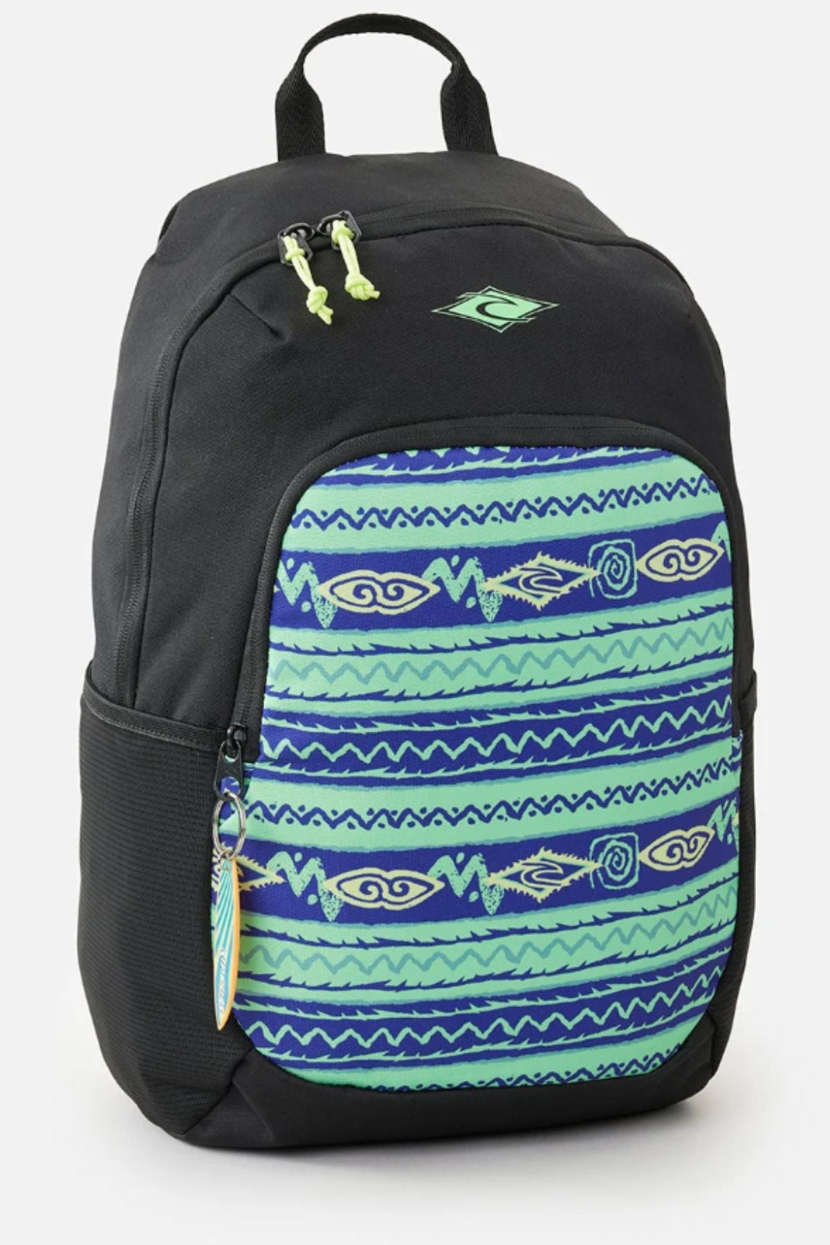 The Rip Curl Ozone Cool 30L Backpack is a black school bag made from recycled polyester, featuring blue and green tribal patterns on the front pocket, yellow zipper pulls, a top shoulder strap, and a circular logo above the pocket.