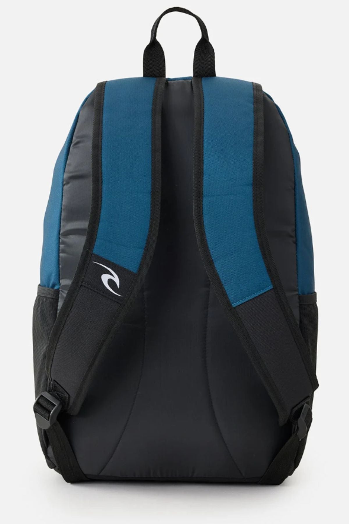 The Rip Curl Ozone Cool 30L Backpack in blue and black is shown from the back, with padded shoulder straps featuring a small logo, a top carry handle, and made from recycled polyester—ideal for school use.
