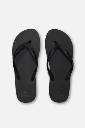A pair of Rip Curl Brand Logo Bloom Thongs in black with a simple, ergonomic moulded design, shown side by side on a plain white background.