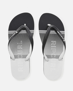 The Rip Curl Breakers Bloom Thongs feature horizontal stripes in sleek black and gray. With a simple thong strap and BLOOM algae-blended foam soles, they combine style with eco-friendly fashion.