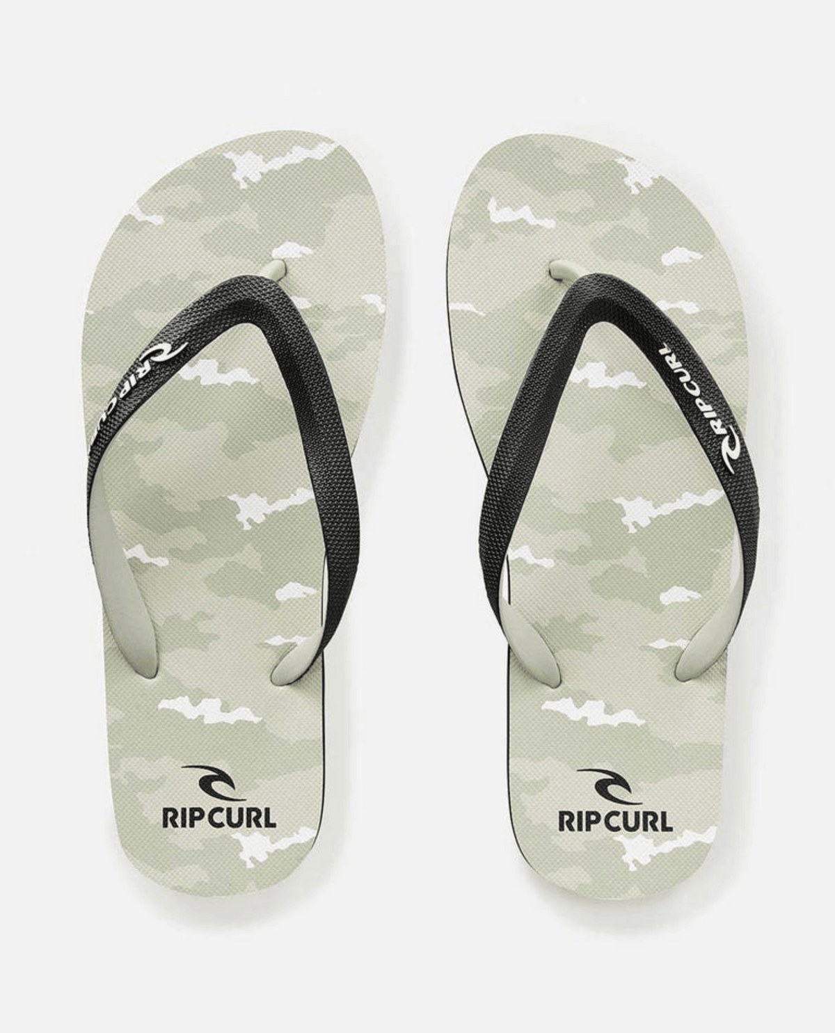 The Rip Curl Flow Camo Bloom Thongs feature ergonomic molded straps and a light green camouflage footbed, shown side by side on a white background.