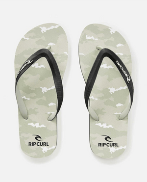 The Rip Curl Flow Camo Bloom Thongs feature ergonomic molded straps and a light green camouflage footbed, shown side by side on a white background.