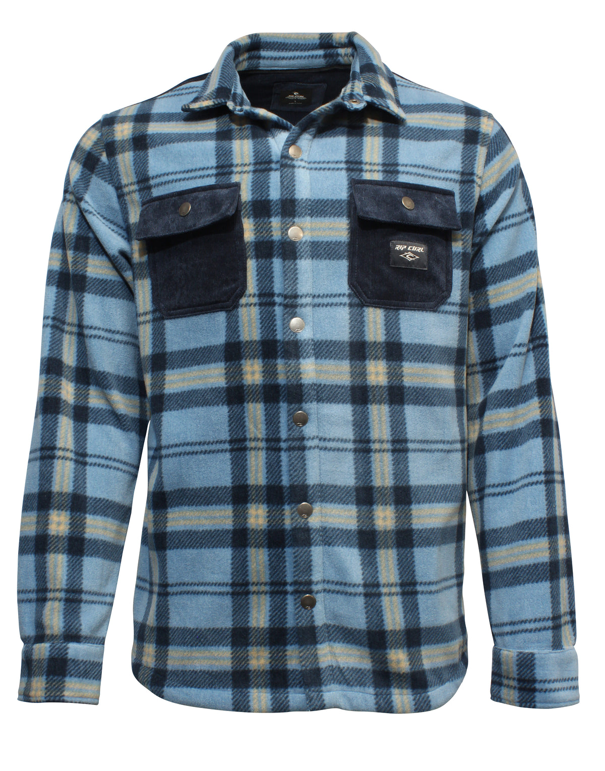The Rip Curl Polar Fleece Party Pack Shirt blends a classic blue, black, and beige plaid with modern flair. Crafted from polyester, it includes silver buttons and two chest pockets with black flaps. A small patch on the left pocket adds extra style to this practical design.