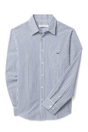 The RM Williams Augusta Classic Poplin Shirt features blue and white checks, a left chest pocket with subtle Longhorn embroidery, and long sleeves. The button-up is shown laid flat against a white background.