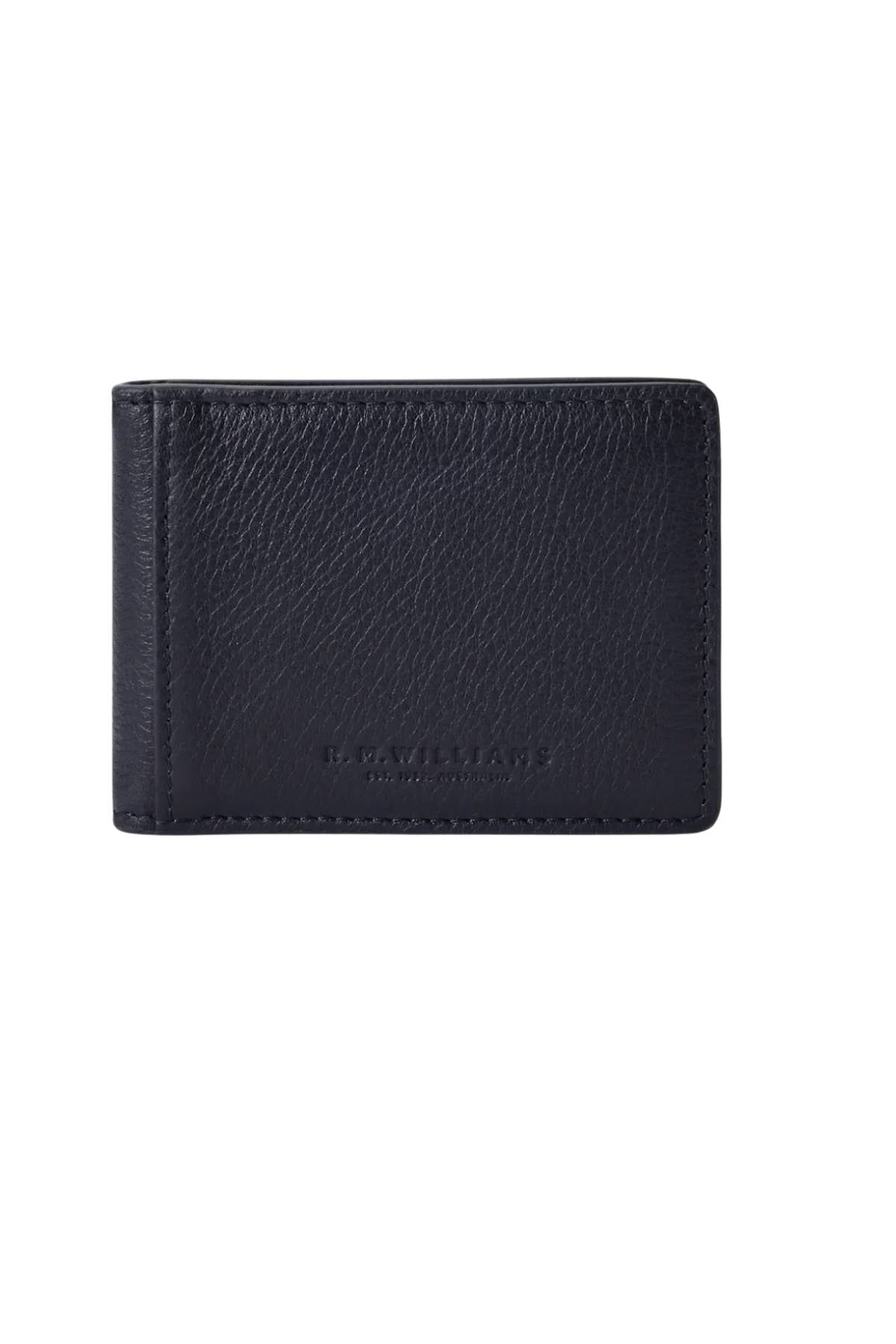 The RM Williams Farrier Bi Fold Wallet, crafted from black full grain leather with visible grain texture and subtle embossed branding at the bottom center, is photographed against a plain white background.