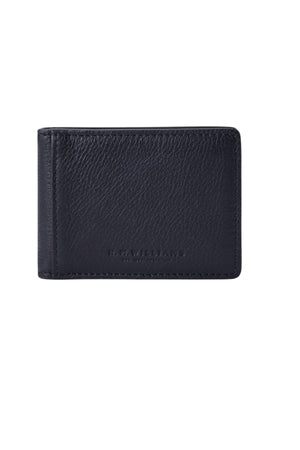 The RM Williams Farrier Bi Fold Wallet, crafted from black full grain leather with visible grain texture and subtle embossed branding at the bottom center, is photographed against a plain white background.