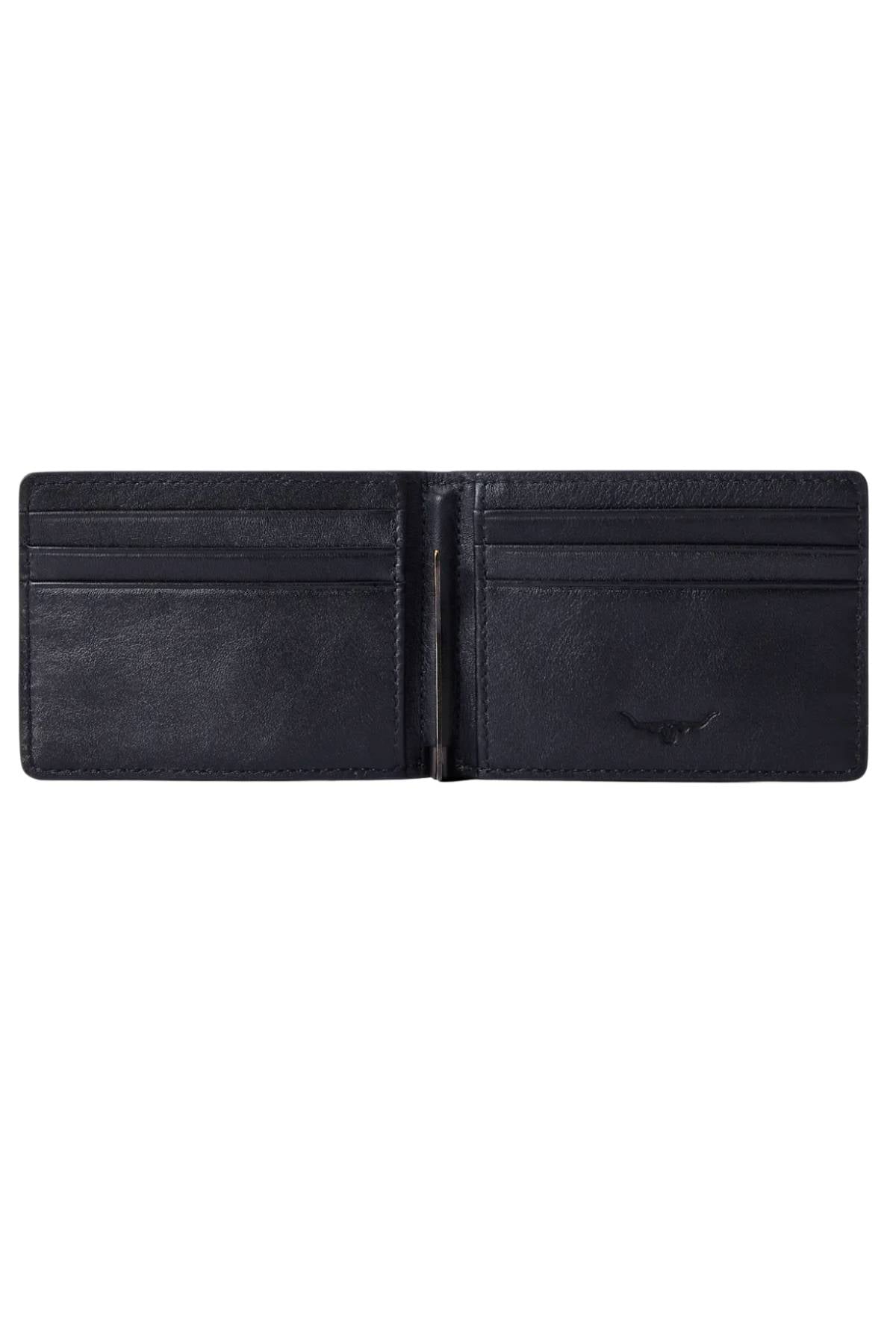 The RM Williams Farrier Bi Fold Wallet, made from full grain leather, is open to reveal multiple card slots on both sides and a small embossed logo on the right, shown empty against a white background.