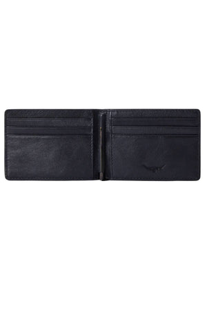 The RM Williams Farrier Bi Fold Wallet, made from full grain leather, is open to reveal multiple card slots on both sides and a small embossed logo on the right, shown empty against a white background.