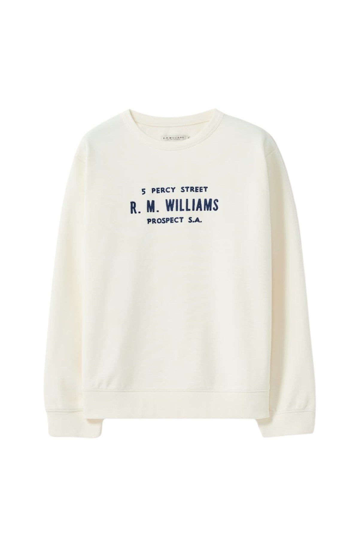 The RM Williams Heritage Brushed Sweatshirt features a cream brushed-back fabric, navy "5 Percy Street R. M. Williams Prospect S.A." text on the front, plus a ribbed crew neck and long sleeves for timeless comfort.