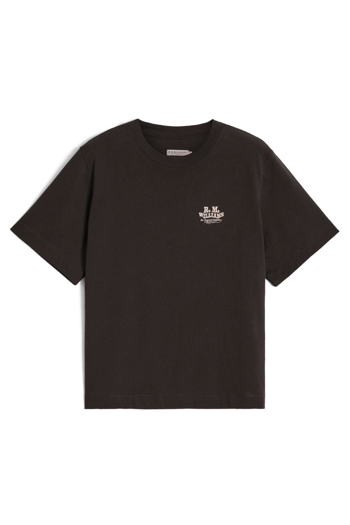 The RM Williams Kandos Tee is a plain black short-sleeve Australian cotton t-shirt featuring a small white B.M. Williams logo on the left chest, shown against a white background.