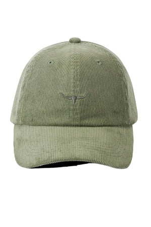 The RM Williams Mini Longhorn Cord Cap is an olive green baseball cap made from organic cotton corduroy, featuring a front embroidered mini Longhorn logo and an adjustable strap for a custom fit.
