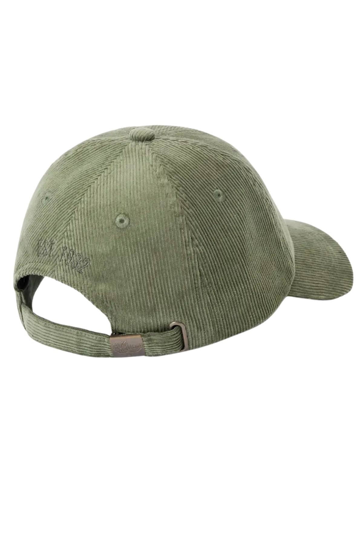 The RM Williams Mini Longhorn Cord Cap, shown from the back, features green organic cotton corduroy, an adjustable strap with metal clasp, a curved brim, visible seam stitching, and an embroidered mini Longhorn logo.