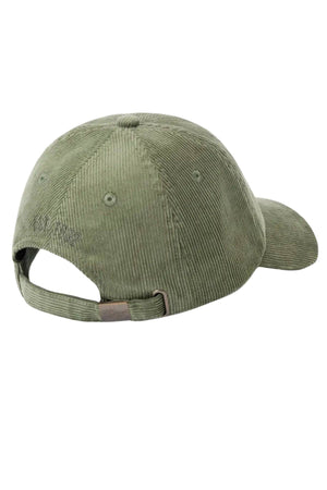 The RM Williams Mini Longhorn Cord Cap, shown from the back, features green organic cotton corduroy, an adjustable strap with metal clasp, a curved brim, visible seam stitching, and an embroidered mini Longhorn logo.