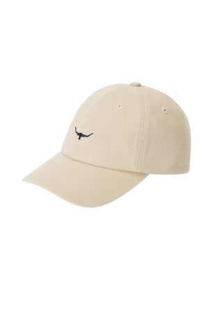 The RM Williams Mini Longhorn Twill Cap is a beige baseball cap crafted from organic cotton twill, featuring a curved brim, embroidered mini Longhorn logo on the front, ventilation eyelets, and an adjustable strap. Shown on a white background.