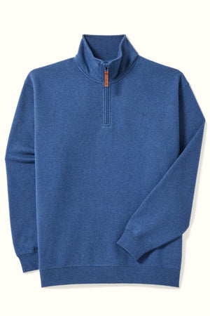 The RM Williams Mulyungarie Fleece is a blue quarter-zip pullover with a stand-up collar, leather zipper pull, and ribbed cuffs and hem, crafted from organic cotton.