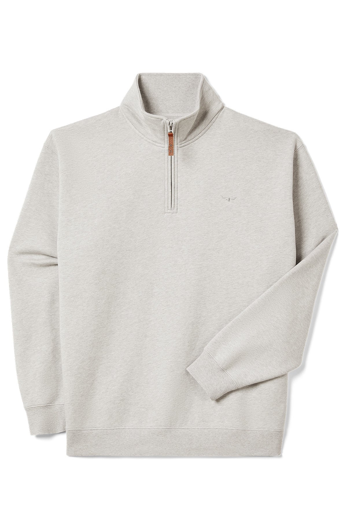 The RM Williams Mulyungarie Fleece is a light gray organic cotton quarter zip sweatshirt featuring a stand collar, ribbed cuffs and hem, a small embroidered logo on the left chest, and a zipper with a brown pull tab for detail.