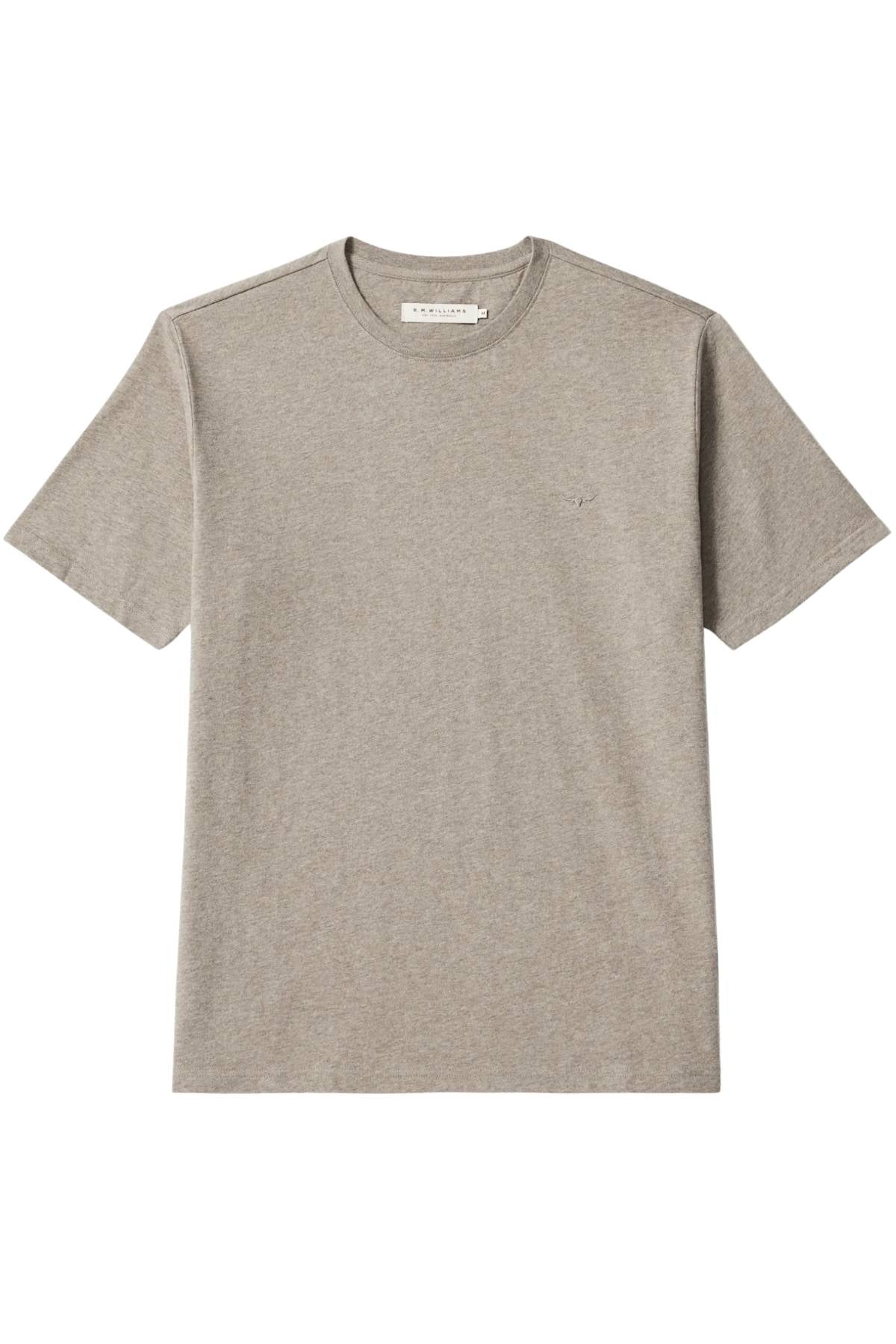 The RM Williams Parson T-Shirt is a plain, short-sleeved, light gray cotton tee with a crew neckline, shown laid flat against a white background.