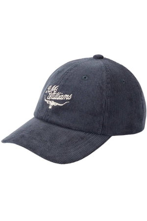 The RM Williams Script Longhorn Cord Cap is a dark blue baseball cap made from organic cotton corduroy, with a curved brim and "McWilliams" white embroidered on the front.