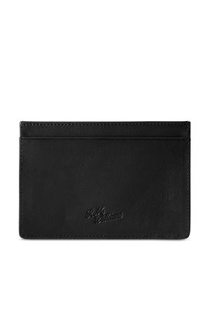 The RM Williams Singleton Vertical Card Holder is crafted from natural milled black leather with subtle edge stitching, features an embossed "R.M. Williams" logo on the front, and includes RFID protection for extra security.