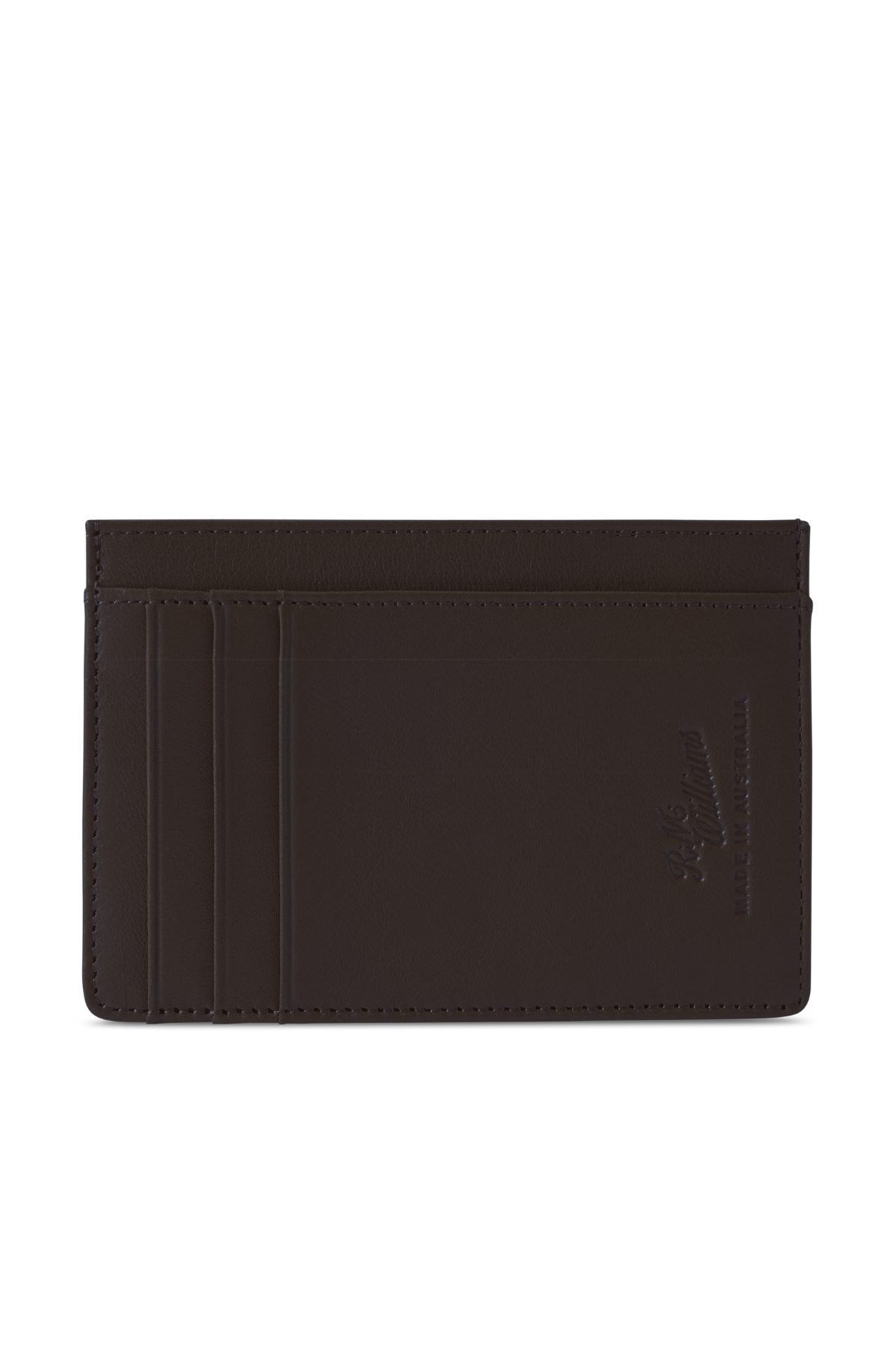 The RM Williams Singleton Vertical Card Holder is a handmade dark brown leather cardholder from Australia, with multiple card slots, a smooth texture, and an embossed logo on the bottom right corner.