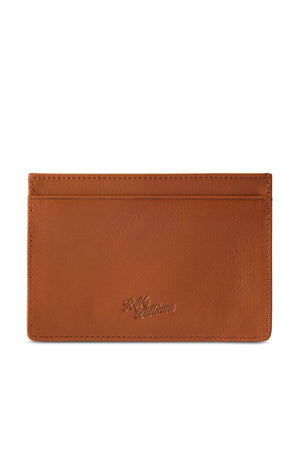 The RM Williams Singleton Vertical Card Holder is a brown leather cardholder handmade in Australia, crafted from natural milled leather with stitched edges and an embossed logo. It features RFID protection and has one visible top slot for card storage.