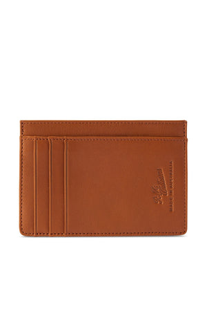 The RM Williams Singleton Vertical Card Holder is crafted from natural milled brown leather, featuring multiple card slots on the left with embossed "R. M. Williams" and "MADE IN AUSTRALIA" text on the right, showcasing its simple yet elegant design and superior craftsmanship.