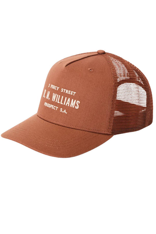 The RM Williams Stencil Trucker Cap features a brown mesh design, curved brim, white stencil graphic on the front, and a snap adjuster at the back and sides for an easy fit.