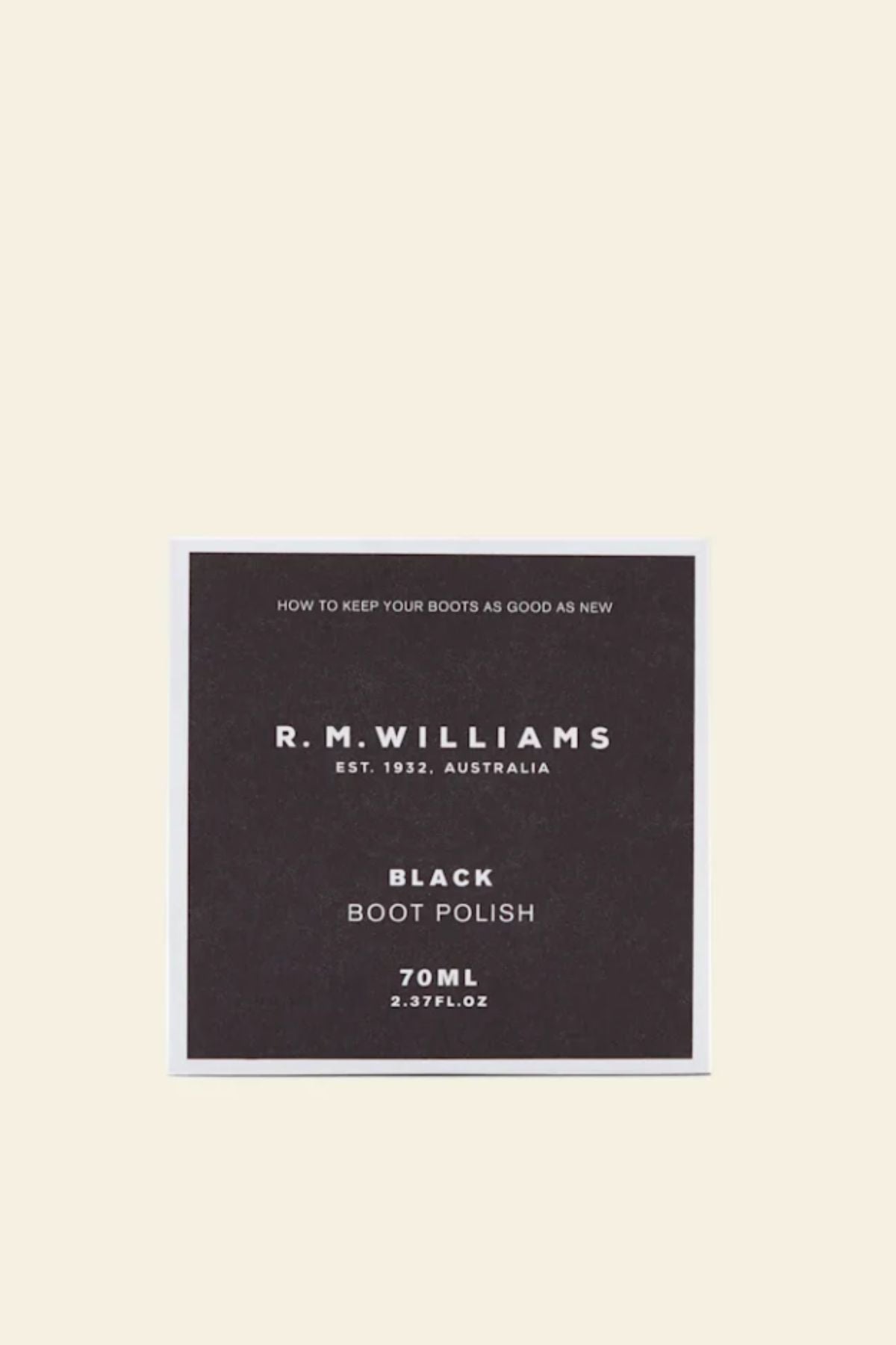 Square label for RM Williams Stockmans Boot Polish, 70ml (2.37 fl.oz.), featuring "How to keep your leather goods as good as new" and "Est. 1932, Australia" on a beige background.