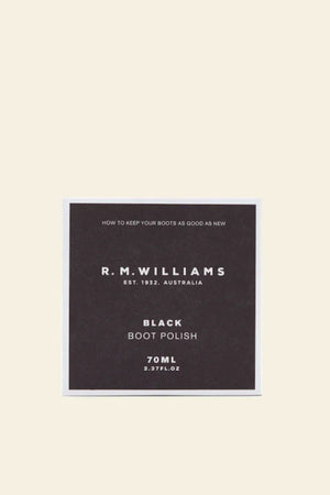 Square label for RM Williams Stockmans Boot Polish, 70ml (2.37 fl.oz.), featuring "How to keep your leather goods as good as new" and "Est. 1932, Australia" on a beige background.