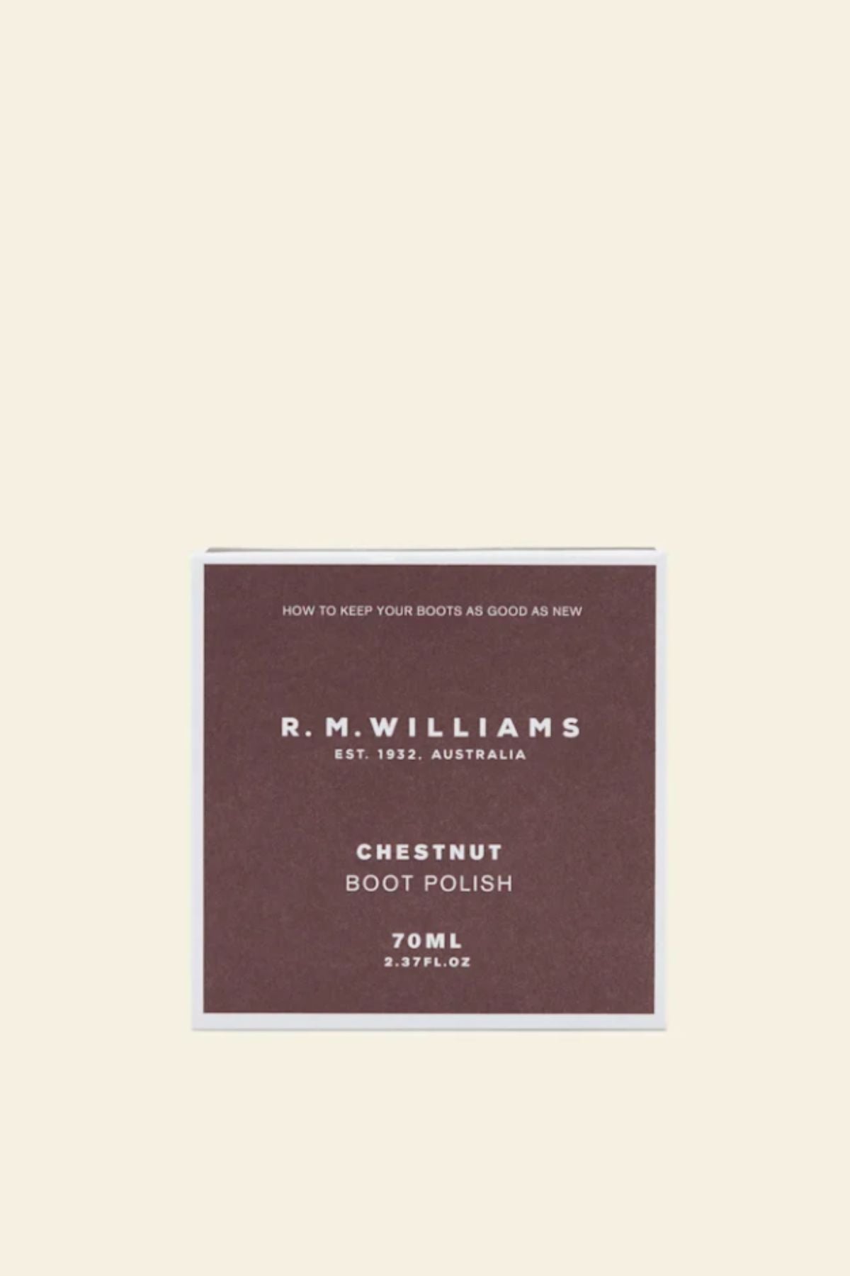 A square container of RM Williams Stockmans Boot Polish, 70ml, with a brown label and white text on a beige background—perfect for keeping your leather boots in top condition.