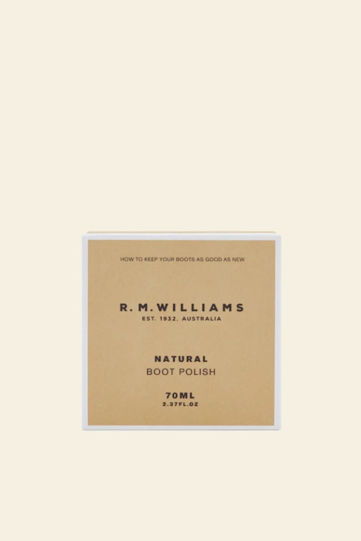 A 70ml square box of RM Williams Stockmans Boot Polish, featuring minimal tan and white packaging with bold black text, sits against a plain light backgroundβa premium care essential for leather goods.