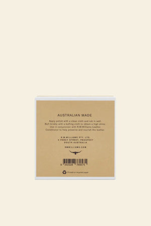 A square box for RM Williams Stockmans Boot Polish features a brown "AUSTRALIAN MADE" label, leather polish instructions, company info, a recycling symbol, and a bottom barcode.