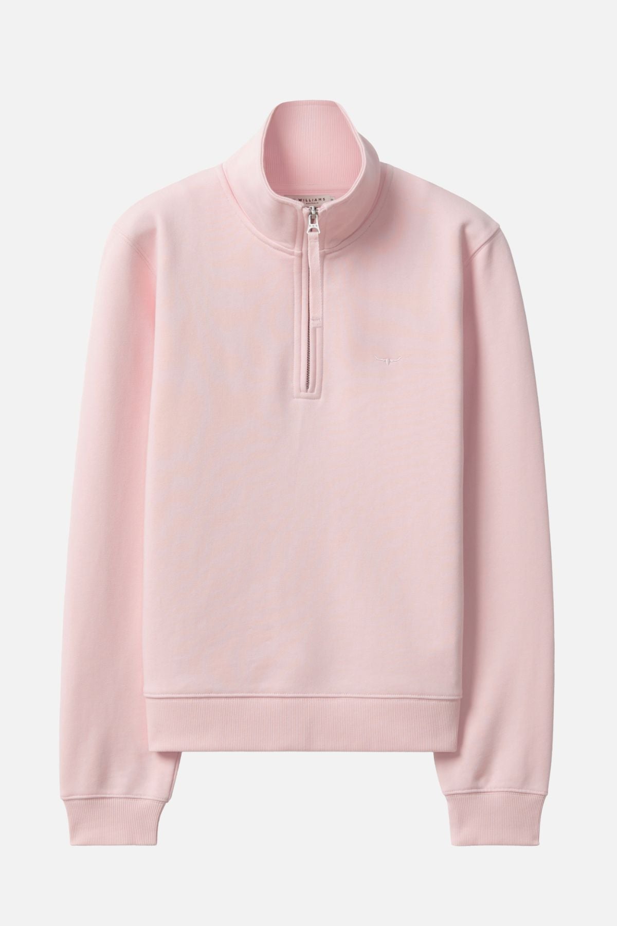 The RM Williams Trickett Zip Neck Sweatshirt in light pink features long sleeves, a quarter zip, ribbed cuffs and hem, and subtle Longhorn embroidery, shown laid flat on a white background.