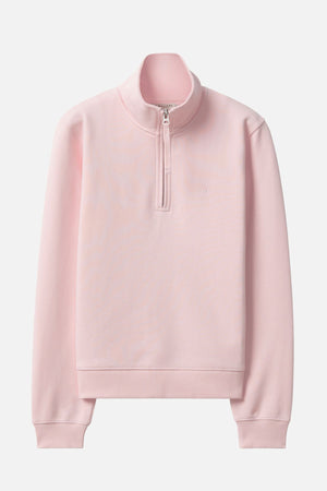 The RM Williams Trickett Zip Neck Sweatshirt in light pink features long sleeves, a quarter zip, ribbed cuffs and hem, and subtle Longhorn embroidery, shown laid flat on a white background.