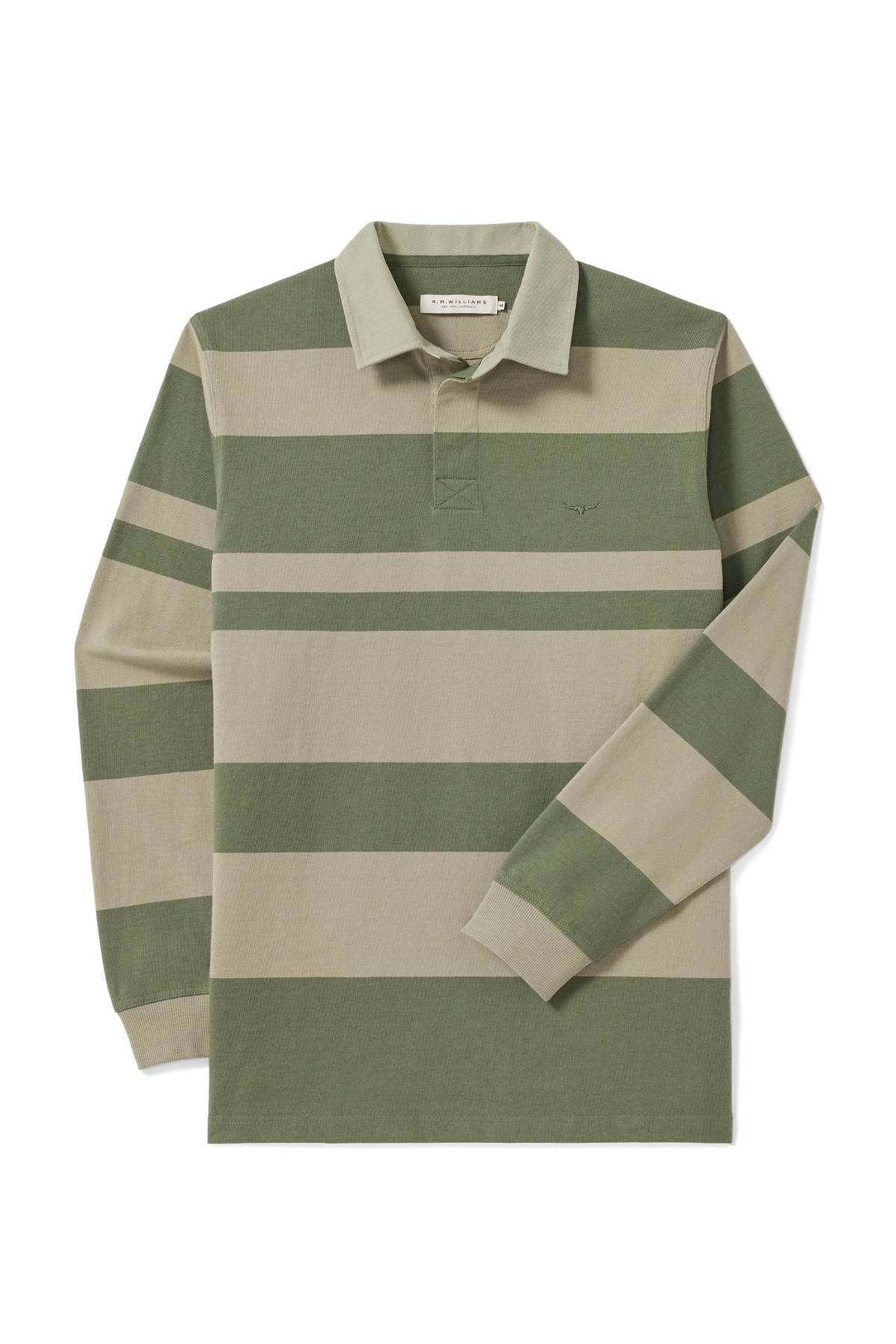 The RM Williams Tweedale Rugby is a 100% cotton jersey with wide green horizontal stripes, a collar, and short button placket, shown laid flat on a white background.