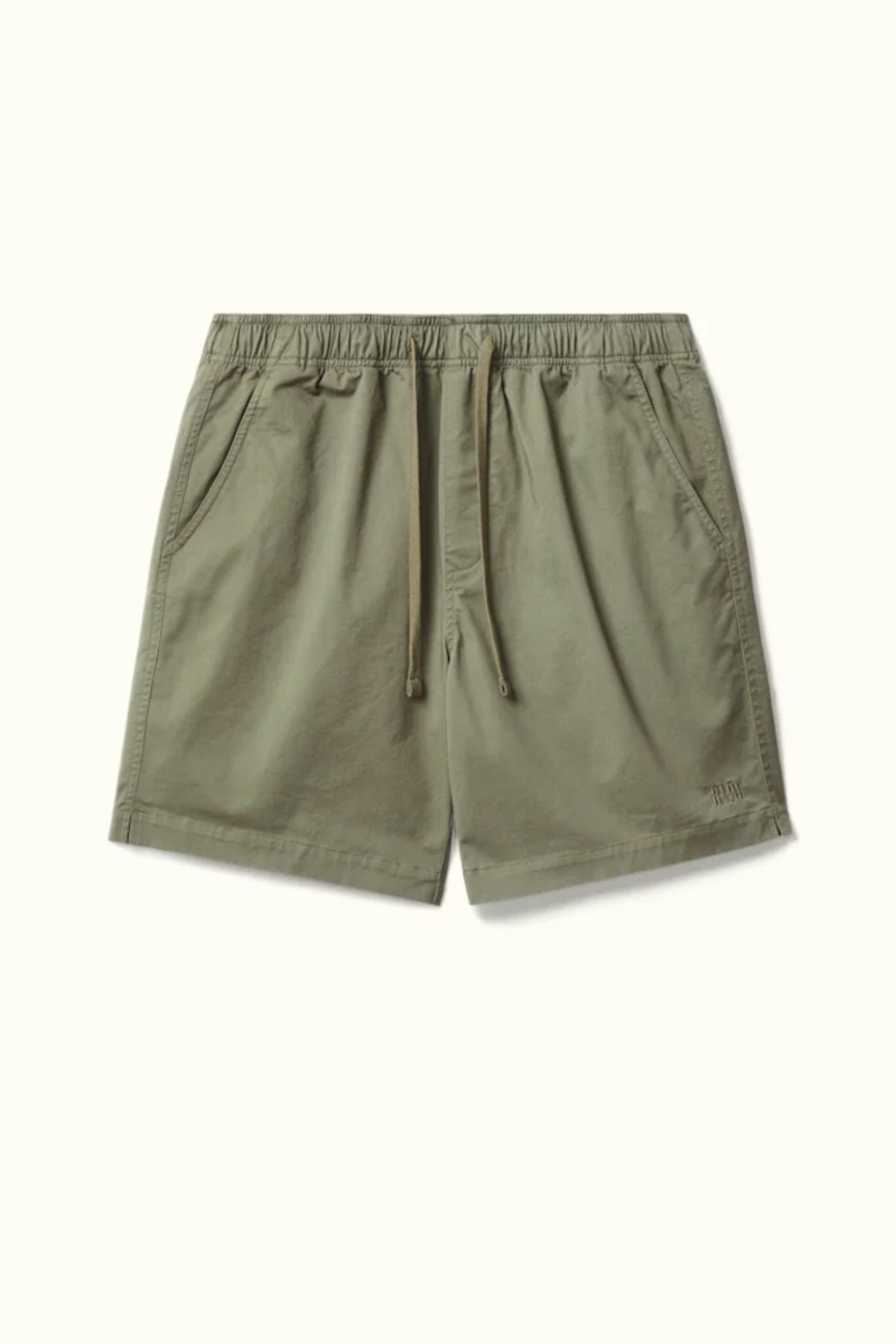 The RM Williams Washed Rugby Short in olive green offers a relaxed fit with breathable stretch twill, an elastic waistband, and side pockets—perfect for all-day comfort. Displayed against an off-white background.