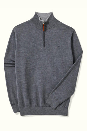 The RM Williams Ernest 1/4 Zip Merino Knit is a folded gray sweater with a ribbed collar, cuffs, and hem, modern funnel neck design, and a zipper featuring a small leather pull tab.