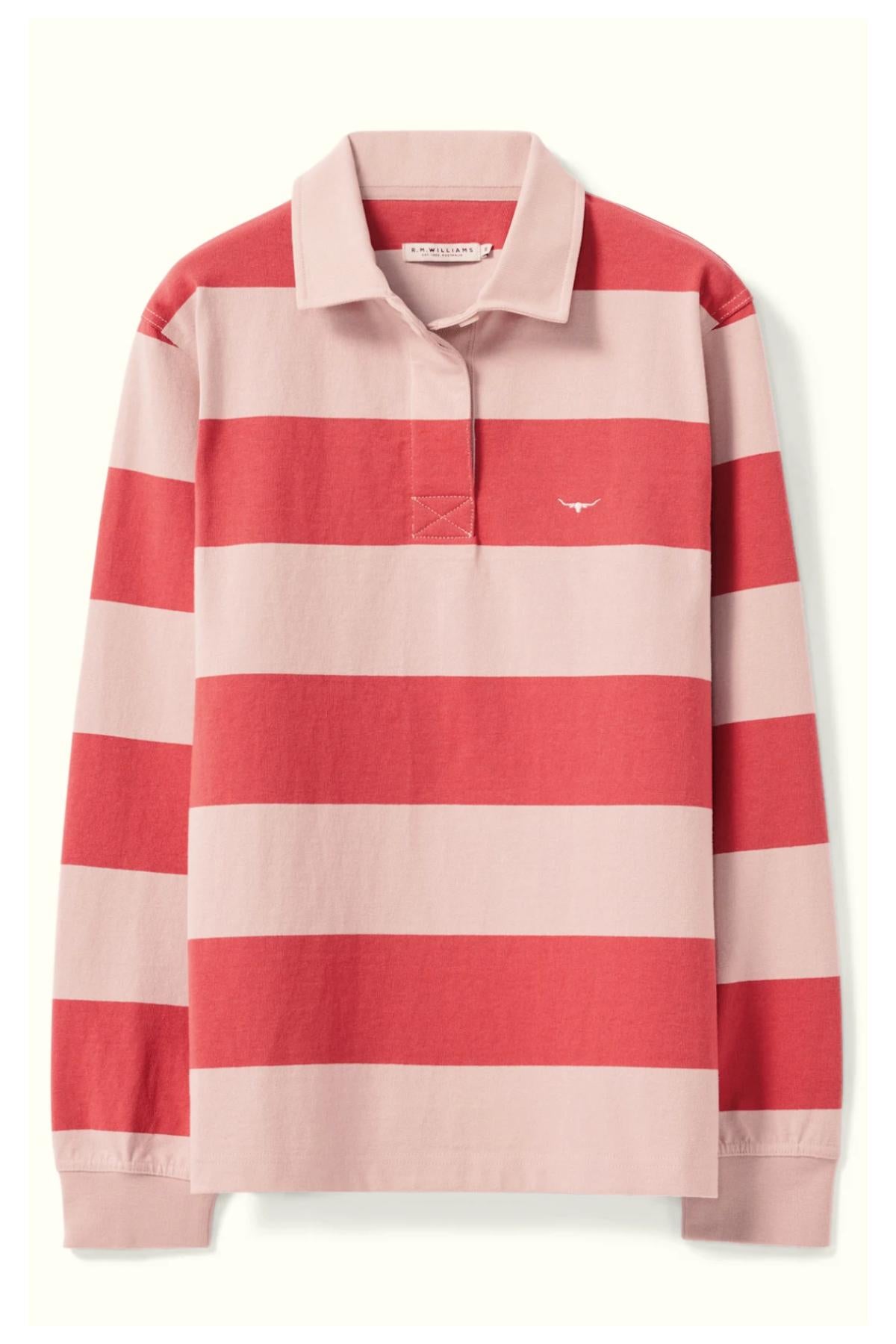 The RM Williams Narran Stripe Rugby is a heavyweight jersey shirt with long sleeves, light pink and red stripes, a collar, button placket, and features a small white Longhorn embroidery on the chest.