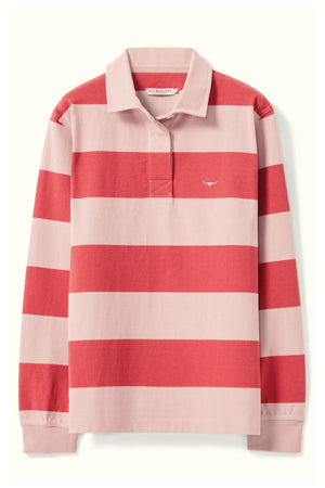 The RM Williams Narran Stripe Rugby is a heavyweight jersey shirt with long sleeves, light pink and red stripes, a collar, button placket, and features a small white Longhorn embroidery on the chest.