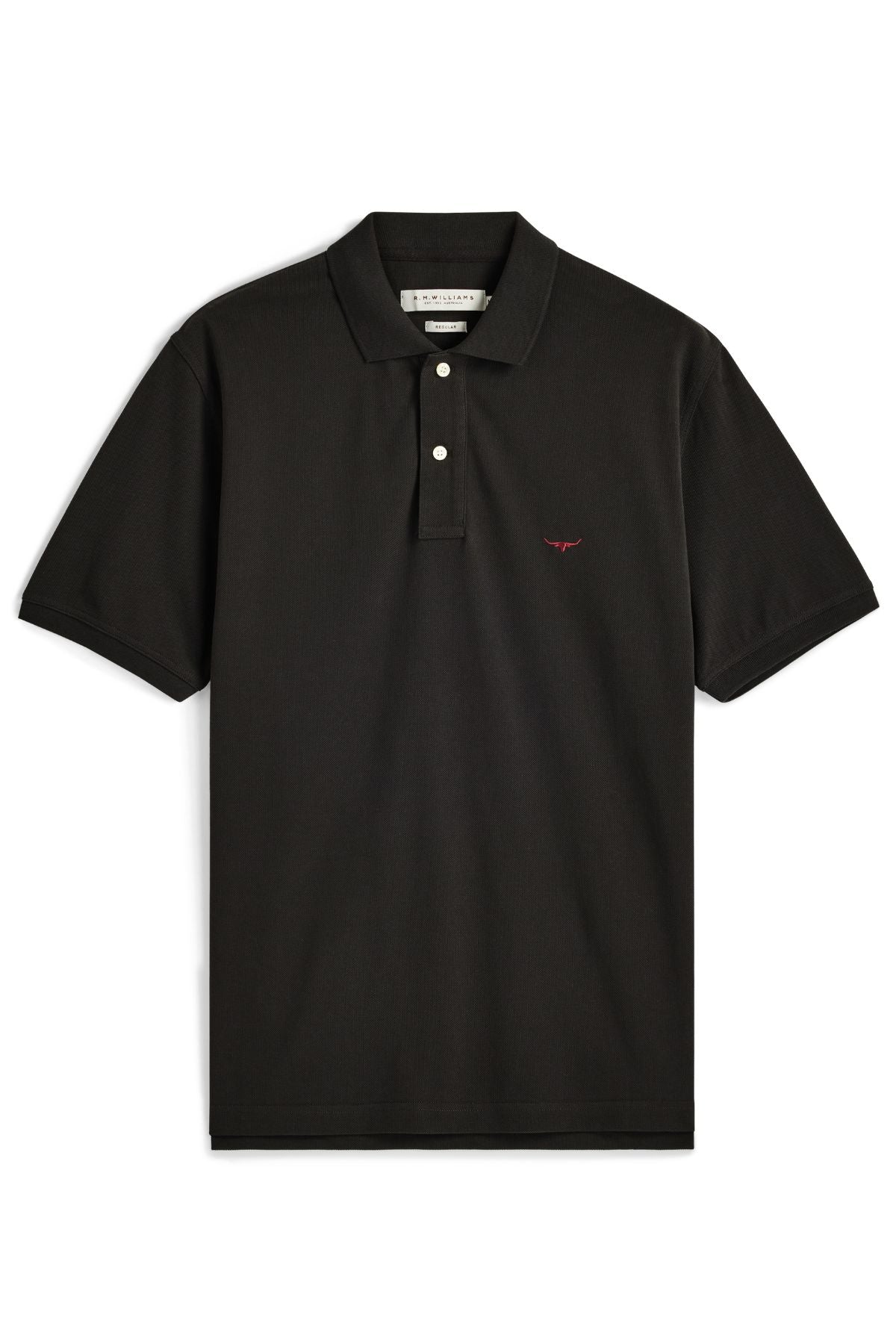 RM Williams Rod Polo: A black short-sleeve polo shirt featuring a collar, three white buttons, and a small red logo on the left chest.