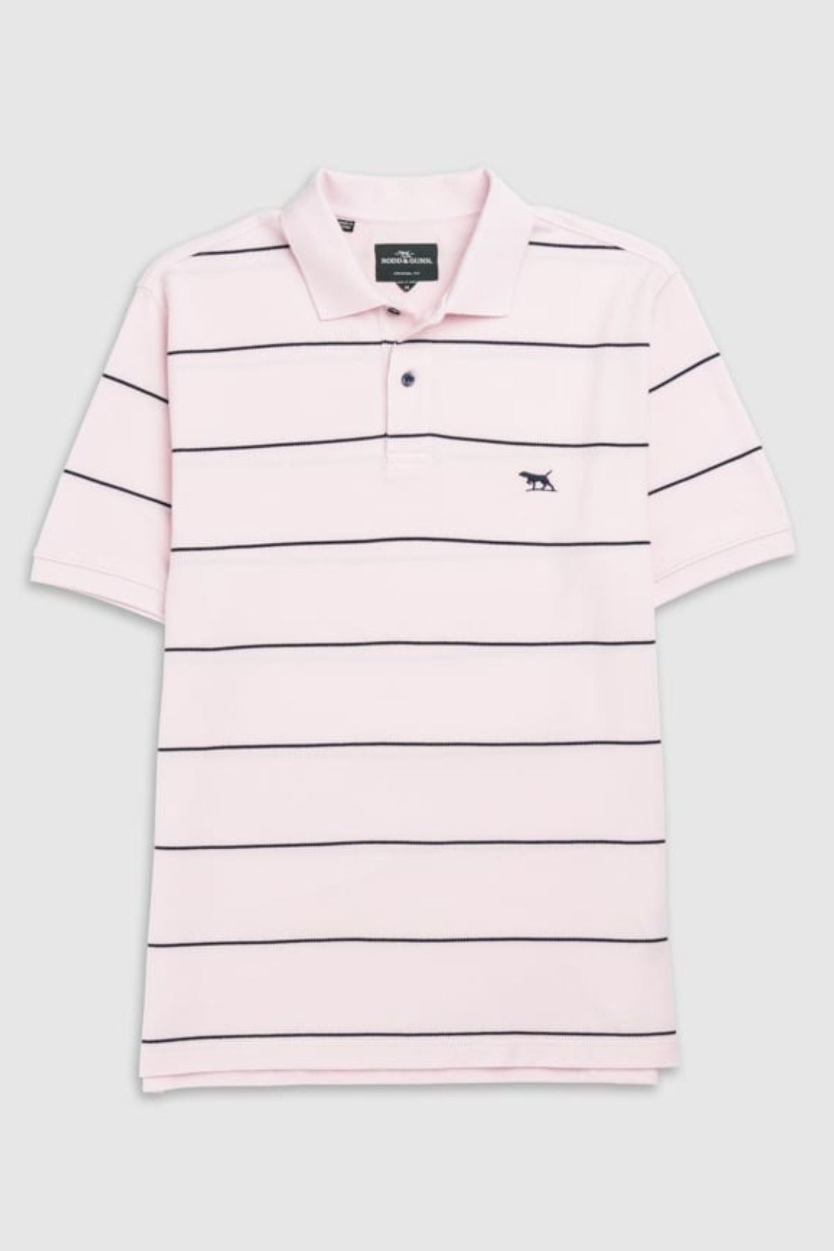 The Rodd & Gunn Glen Eden Polo is light pink with black stripes, a collar, short sleeves, and a small animal logo on the chest. It's made from 100% cotton and shown against a plain gray background.