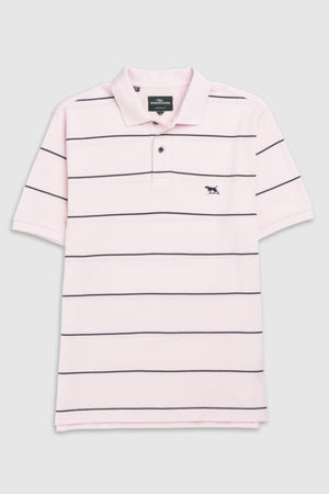 The Rodd & Gunn Glen Eden Polo is light pink with black stripes, a collar, short sleeves, and a small animal logo on the chest. It's made from 100% cotton and shown against a plain gray background.