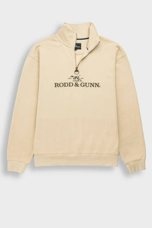 The Rodd & Gunn Milford Sound Sweat is a beige quarter-zip sweatshirt with a high collar, premium YKK metal zip and round pull tab, ribbed cuffs and hem, and a black "Rodd & Gunn" logo on the chest.