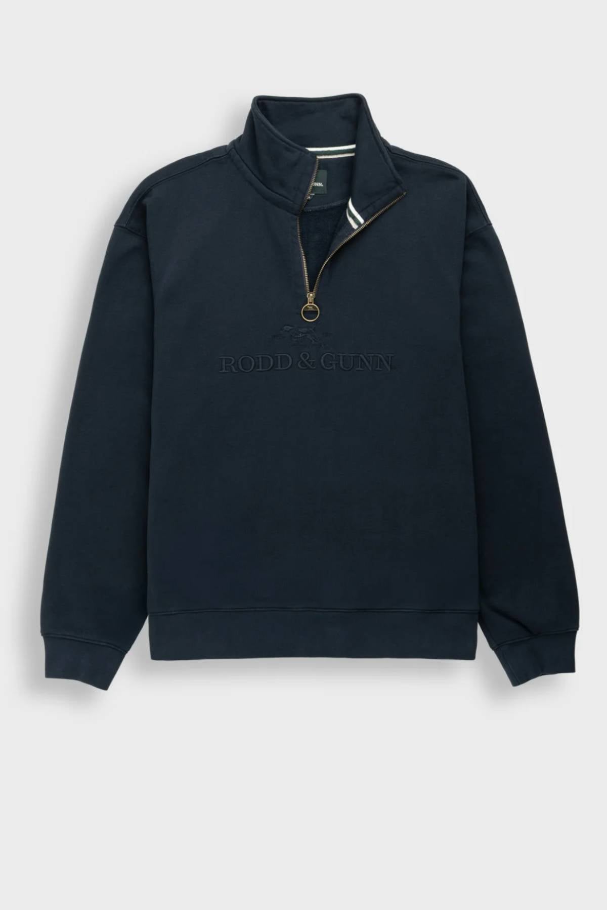 The Rodd & Gunn Milford Sound Sweat is a navy blue quarter-zip pullover with a standing collar, YKK metal zip, and embossed chest logo, shown against a plain light background.