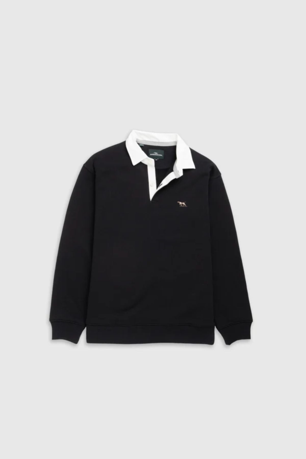 The Rodd & Gunn Otago Sweat is a black long-sleeve rugby shirt with a traditional twill collar and an embroidered signature pointer logo on the left chest, shown against a plain light gray background.
